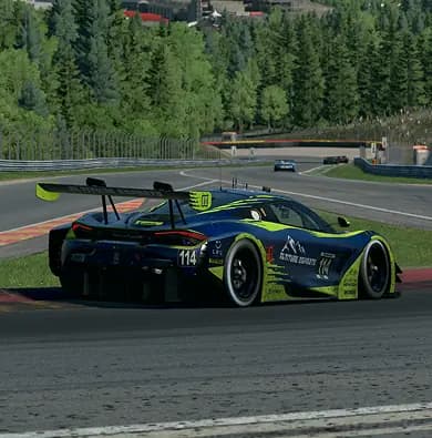 A sim racing rig: bucket seat, direct-drive wheel and an ultrawide monitor showing the Altitude Esports livery menu