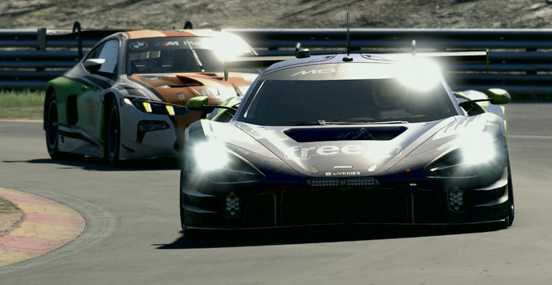 A McLaren 720S GT3 in Altitude Esports colours leading a BMW M4 through a corner in an iRacing session